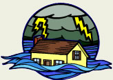 computer drawing of a house in what appears to be flood waters with lighting striking around it.