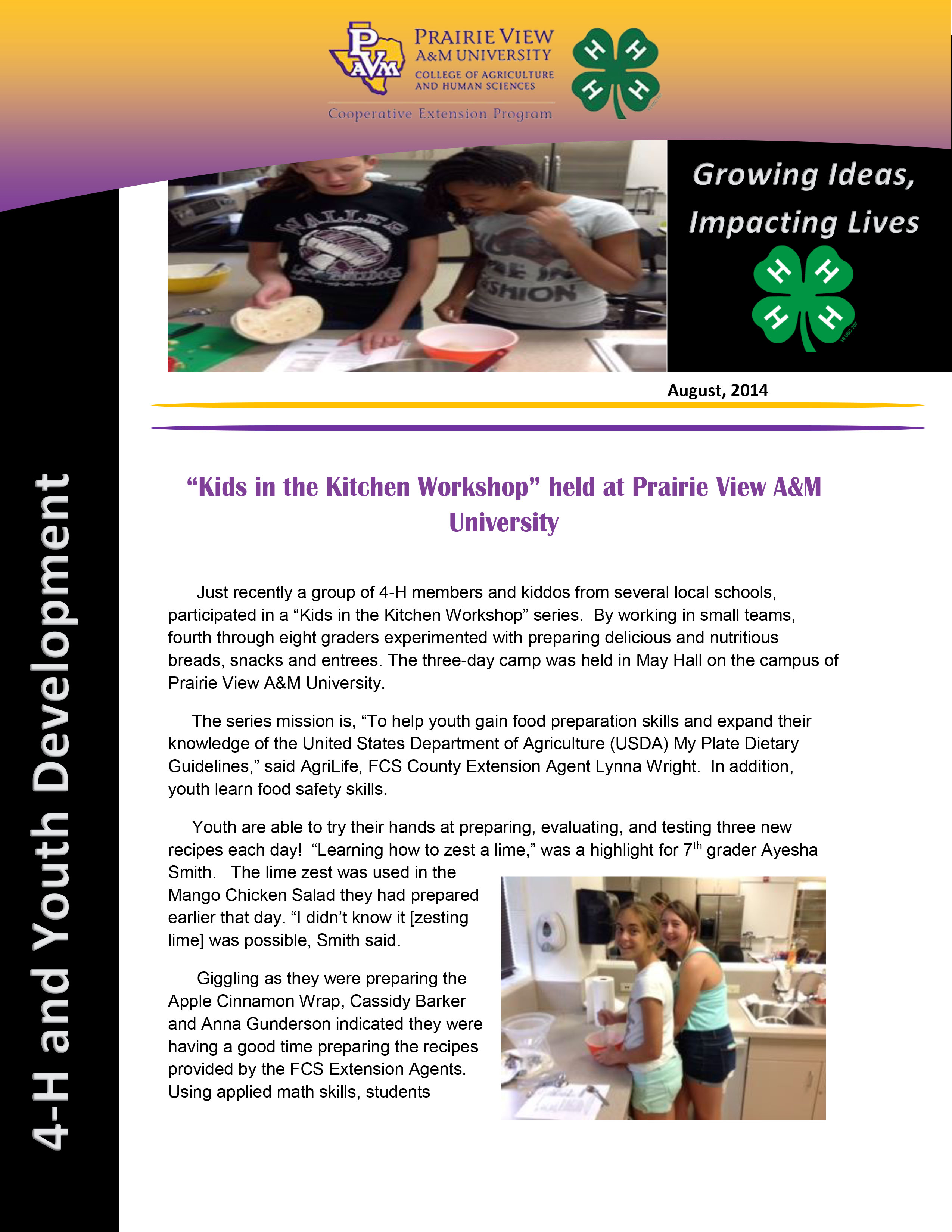 Kids in the Kitchen Workshop held at Prairie View A&M University