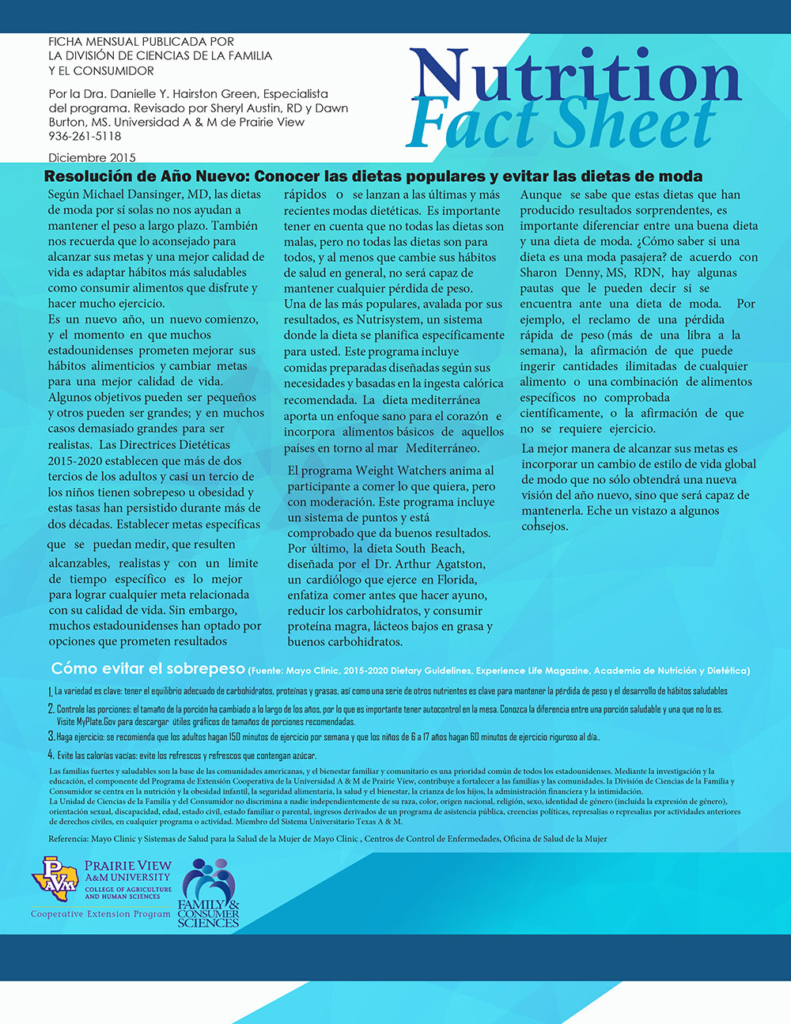 New Years Resolutions Fact Sheets Spanish