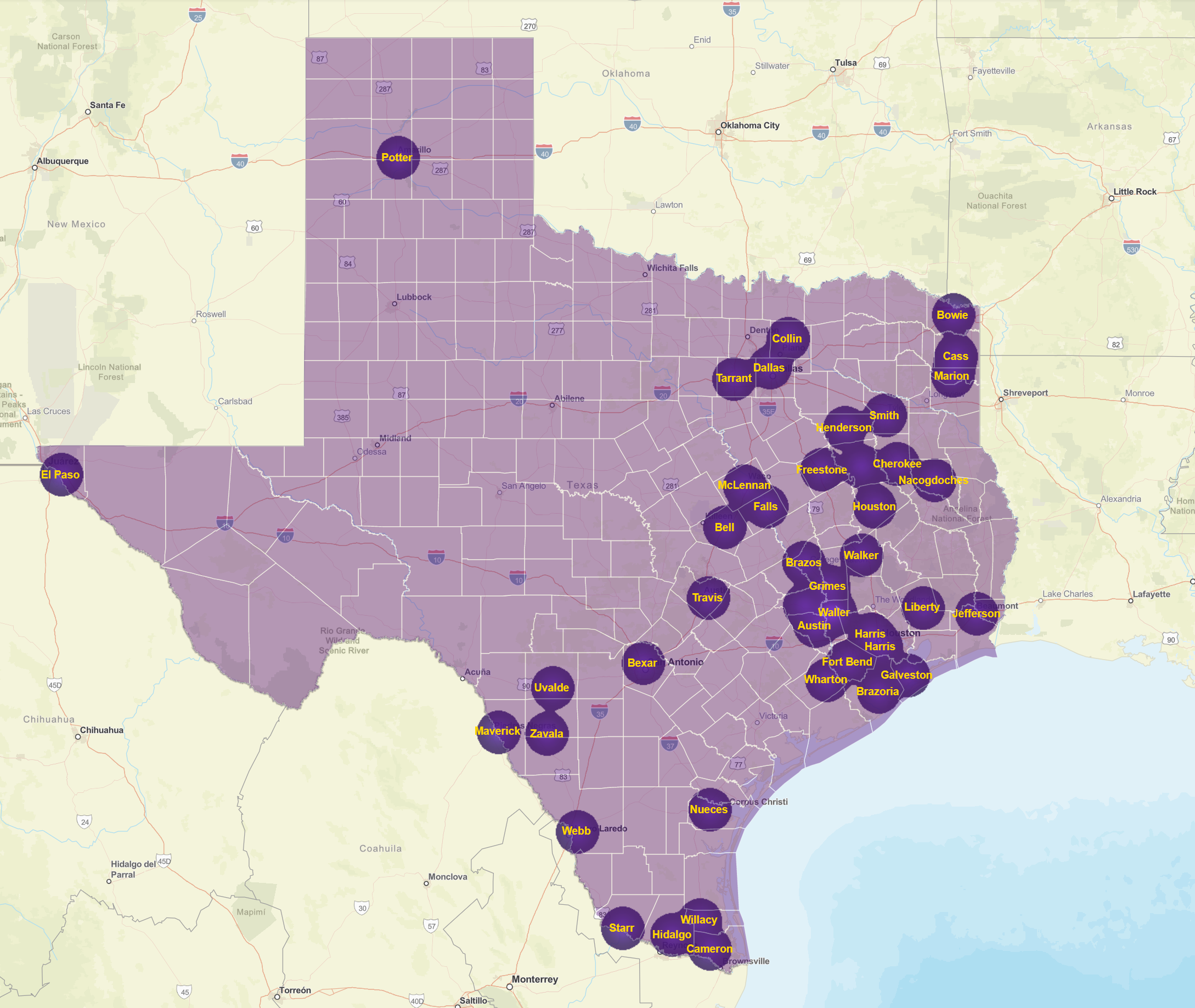 Map of Prairie View A&M Districts served in Texas