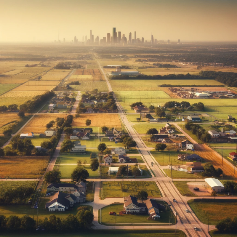 Pv 40mi Houston 2 Overhead view of Prairie View with the Houston skyline in the distance