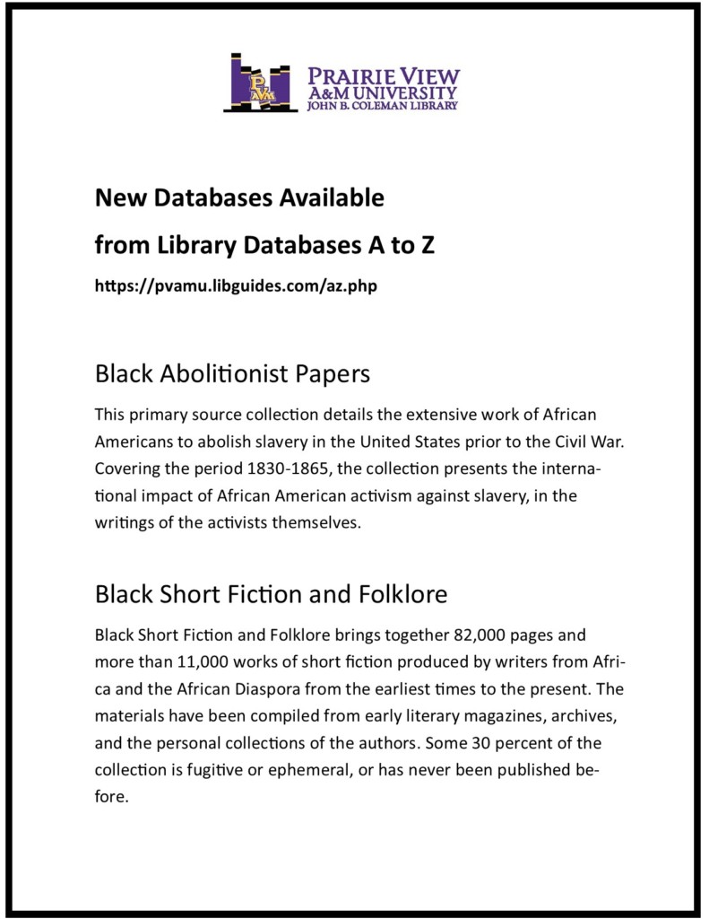 New databases Black Abolitionist Black short fiction and folklore