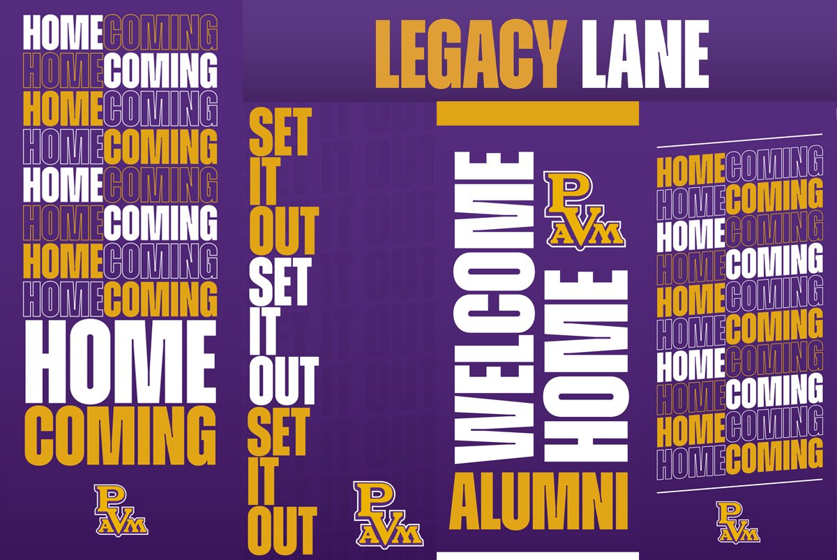 Graphic featuring "Homecoming" and "Welcome Home Alumni" text in vibrant colors, set against a purple background with school branding.