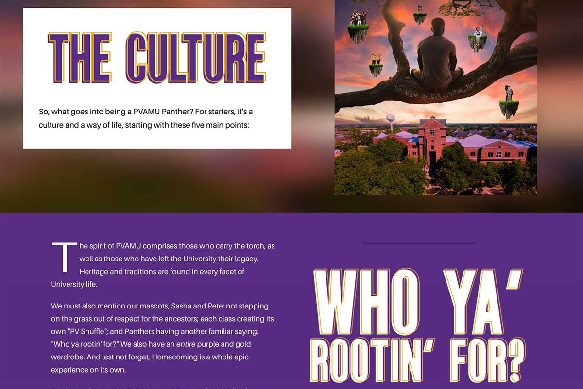 A vibrant poster highlighting PVAMU culture, featuring imagery of students, school traditions, and a scenic university background.