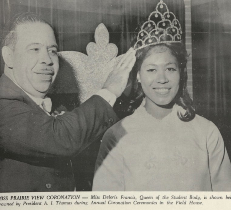 Miss Deloris Francis, the 36th Miss PVAMU, being crowned by PVAMU President A.I. Thomas during an annual coronation ceremony.