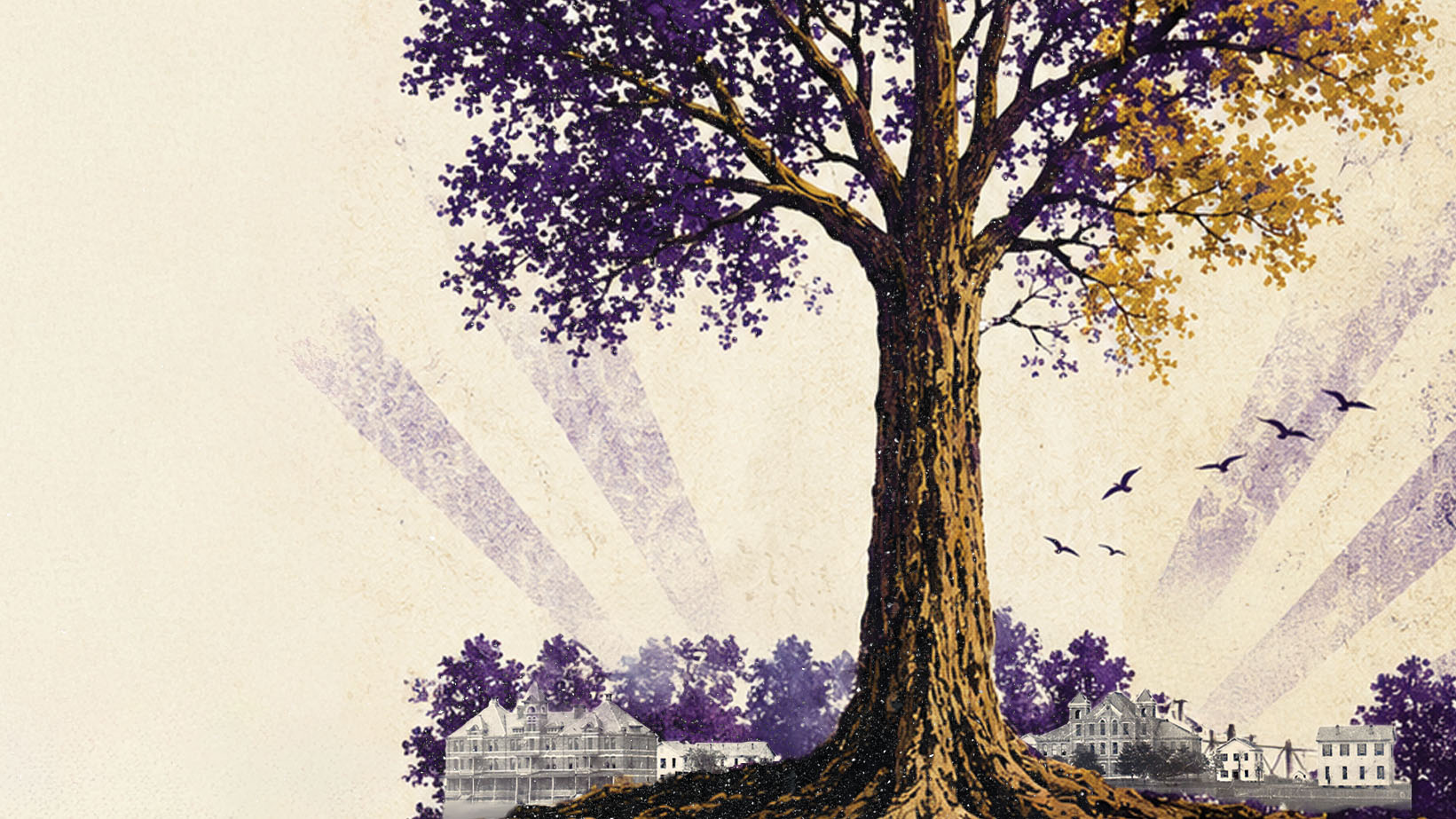 Illustration of a large oak tree with long roots underground and building from the PVAMU campus.