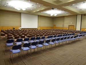seating setup with no center row for an speaking event.