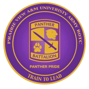 Panther Battalion Emblem. Purple seal with Prairie View A&M University at the top and "Train to Lead" at the bottom.