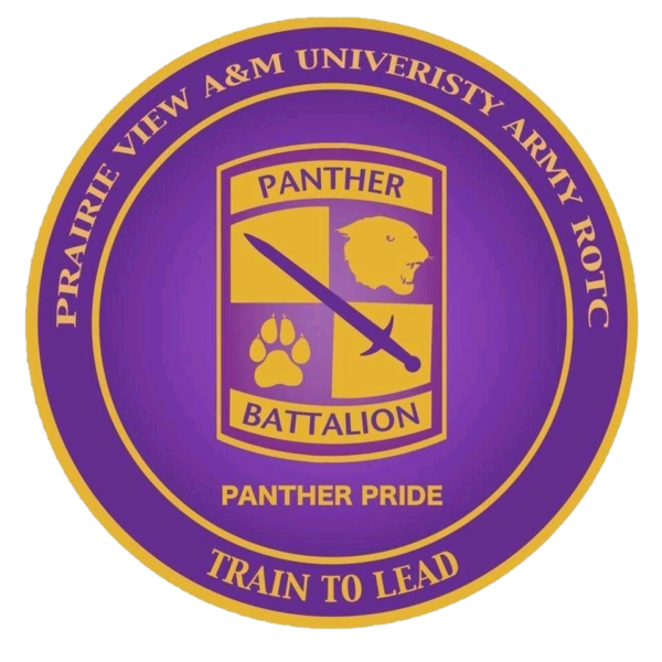 Panther Battalion Emblem. Purple seal with Prairie View A&M University at the top and "Train to Lead" at the bottom.