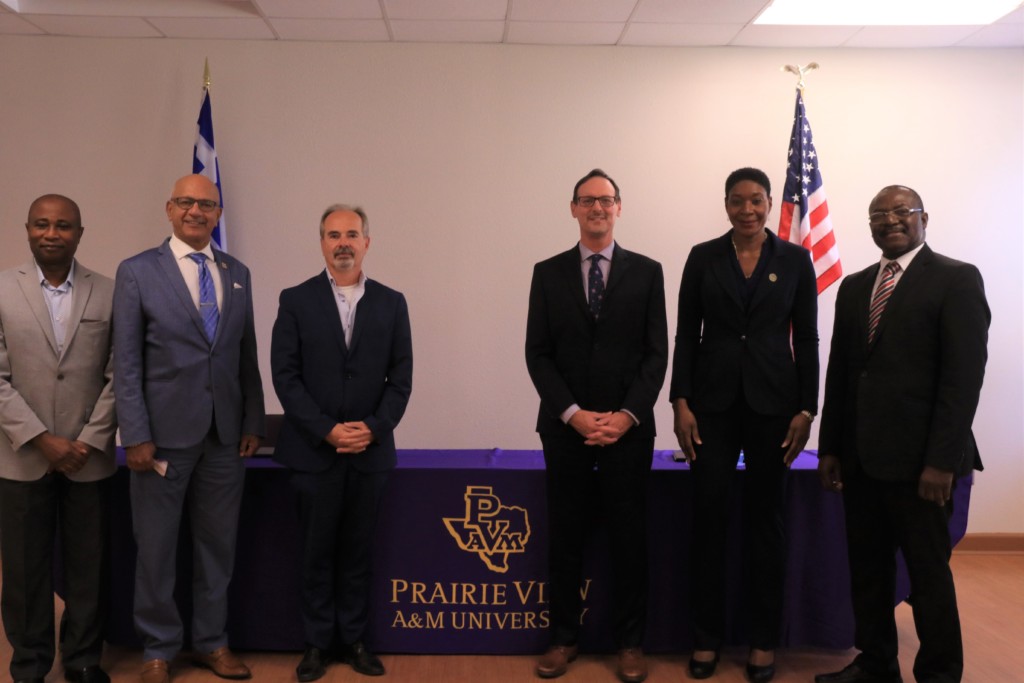 From left, Associate Dean for Academic Programs and Department Head Kwaku Addo, Ph.D., College of Agriculture and Human Sciences Dean and Director of Land-Grant Programs Gerard D'Souza, Ph.D., Perrotis College Provost Nikos Kiritsis, Ph.D., PVAMU Provost James Palmer, Ph.D., PVAMU Vice President for Student Affairs Beverly Copeland, Ph.D., and Executive Director of International & Intercultural Programs Godlove Fonjweng, Ph.D., met to sign a Memorandum of Understanding between Prairie View A&M University and Perrotis College in Greece.