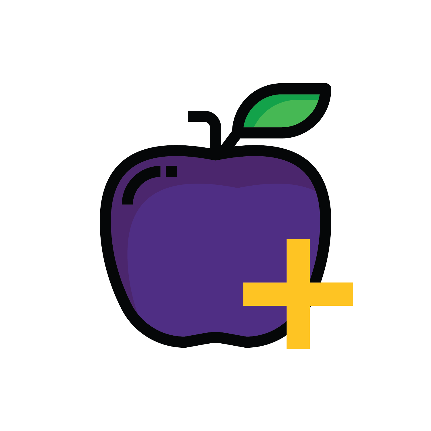 Purple cartoon apple with a plus sign depicting food availability