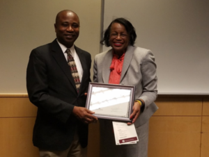 Dr. Kwaku Addo, Department Head, and Dr. Doris Morgan-Bloom upon the receipt of her certificate in College Station.