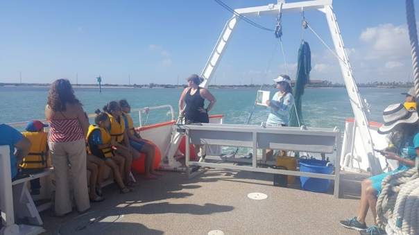 On the UTRGV Ridley floating classroom participants learn about native marine life both in the ocean and on land. Lesson taught by URTGV marine student volunteer.