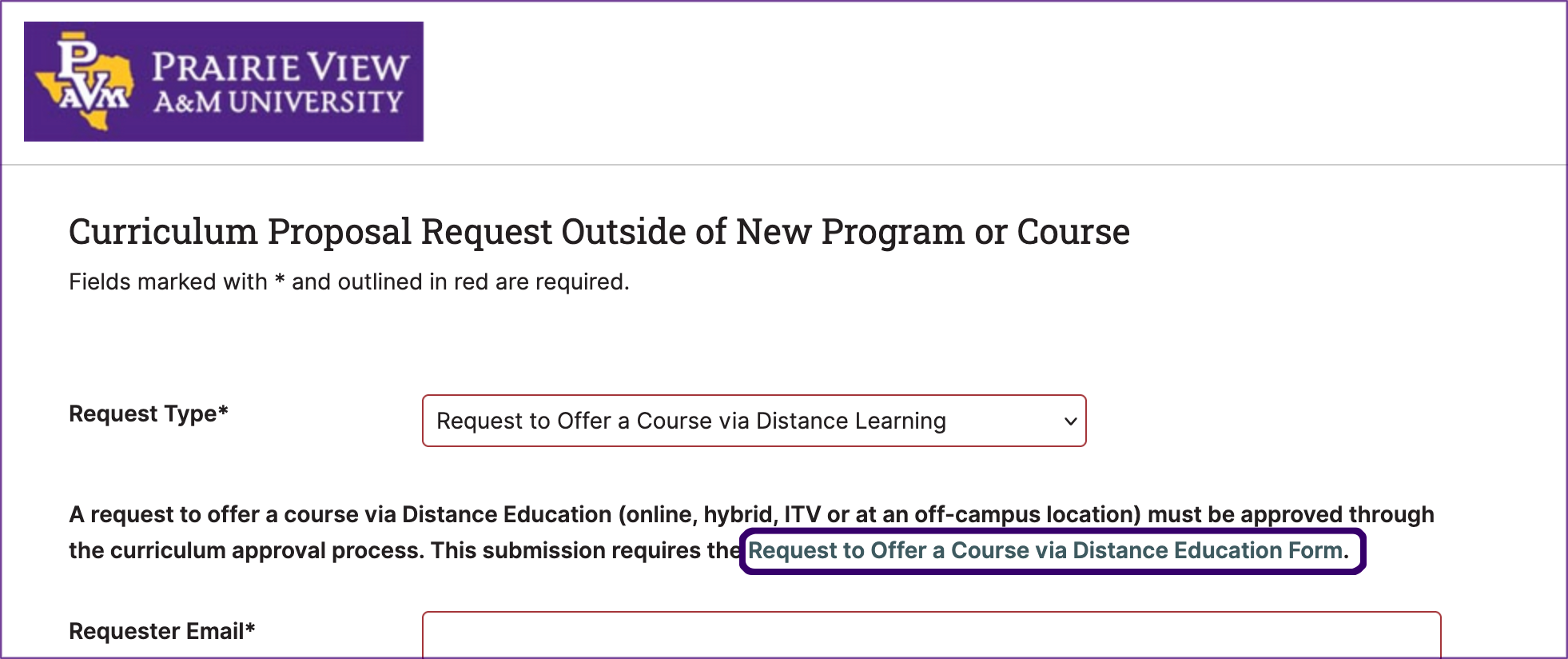 Request to Offer a Course via Distance Education Form link
