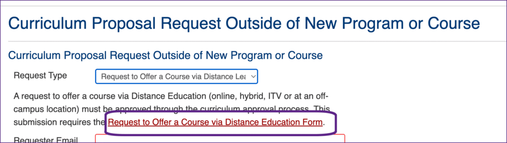Screenshot displaying the link to the 'Request to Offer a Course via Distance Education' PDF.