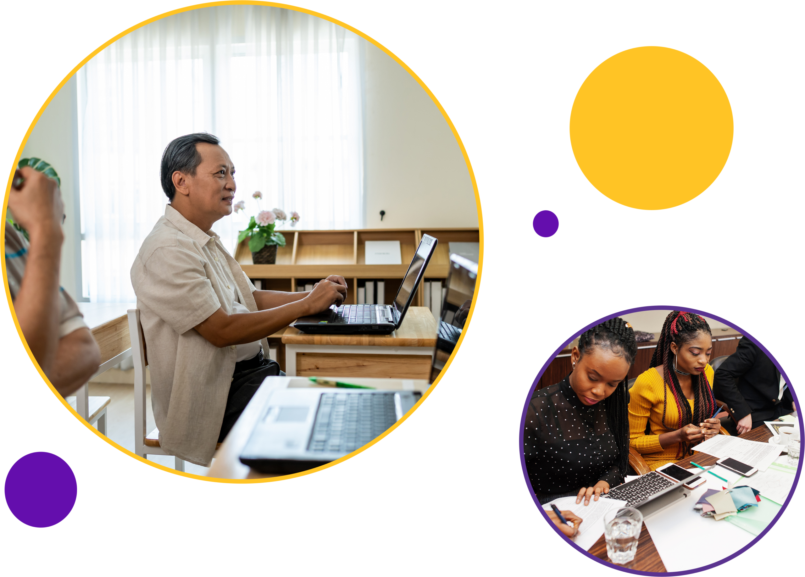 Collage of older adults and young adults learning a class room setting Collage of older adults and young adults learning a class room setting