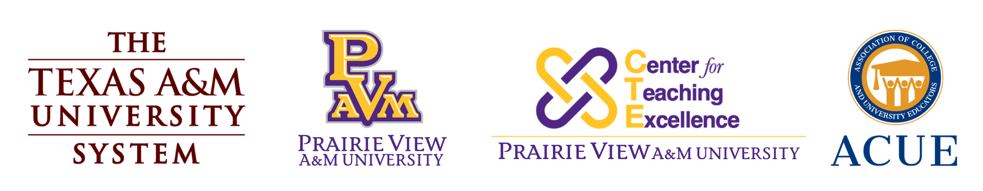 TAMUS PV CTE ACUE LOGO (1) Combined logo for TAMU, PVAMU, CTE, and ACUE
