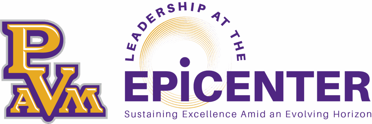 "PVAM" in purple and gold with the title "Leadership at the EPICENTER" and subtitle emphasizing excellence and evolution.