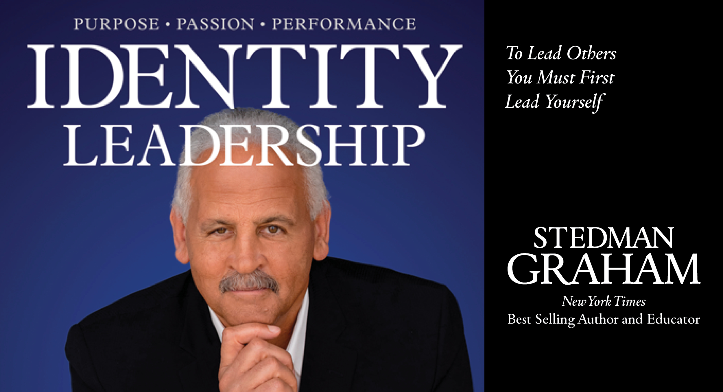 A book cover featuring the title "Identity Leadership" with a blue background. It includes Stedman Graham's author information.