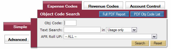 Screenshot of the object code search field