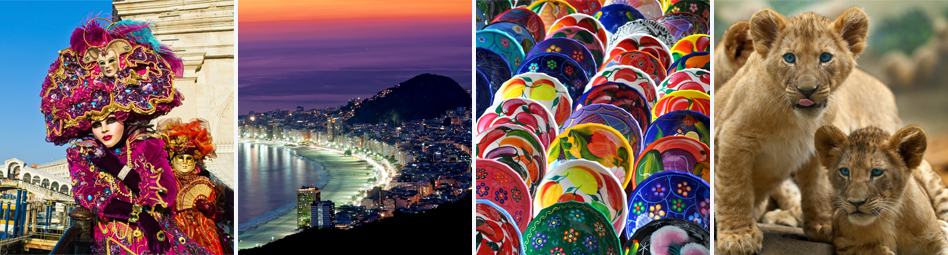 Venetian Carnival Masks, Copacabana Beach at Night, Colorful Mayan Bowls, Lion Cubs