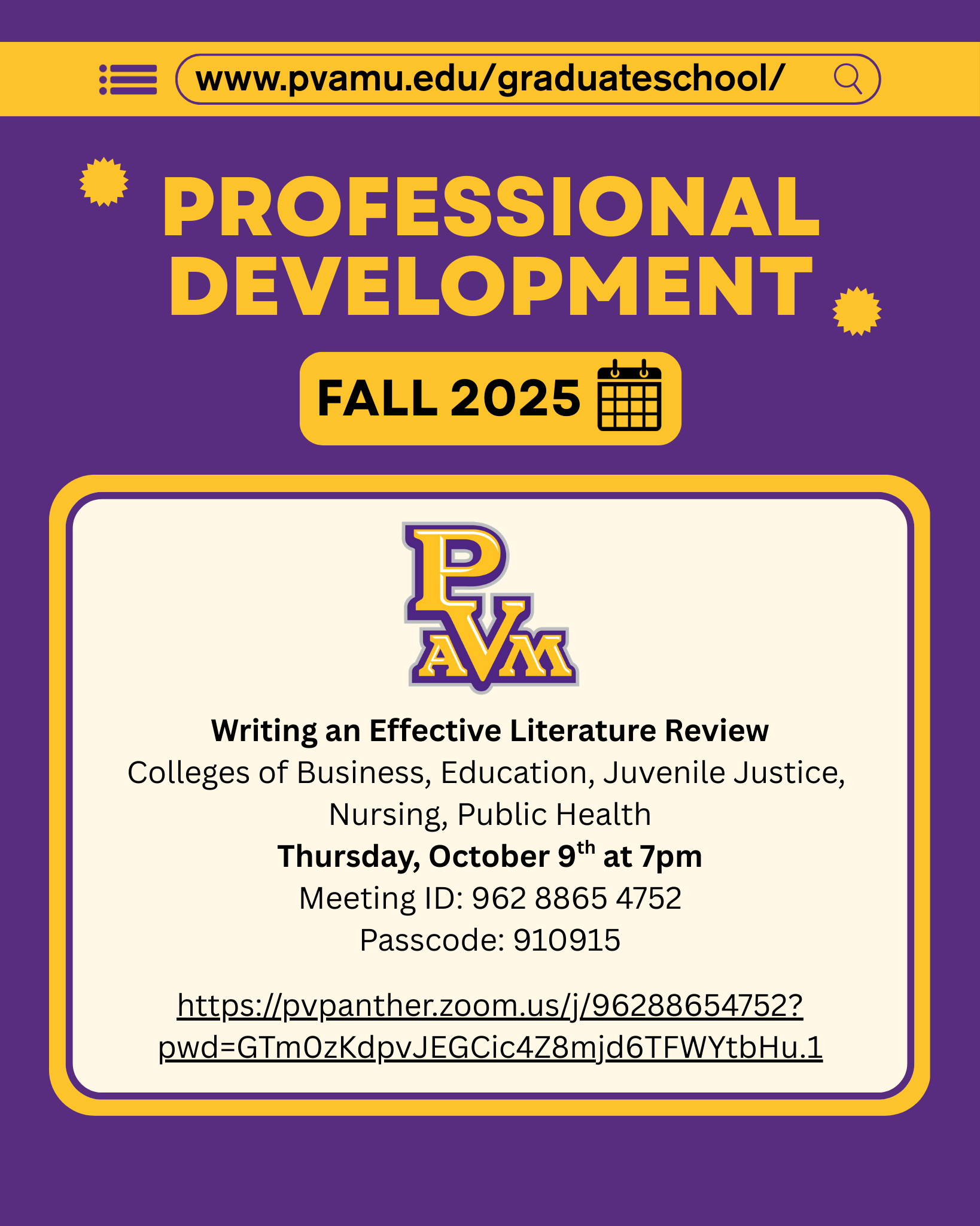 Professional Develpment on Writing an Effective Literature Review Colleges of Business, Education, Juvenile Justice, Nursing, Public Health Thursday, October 9th @ 7pm