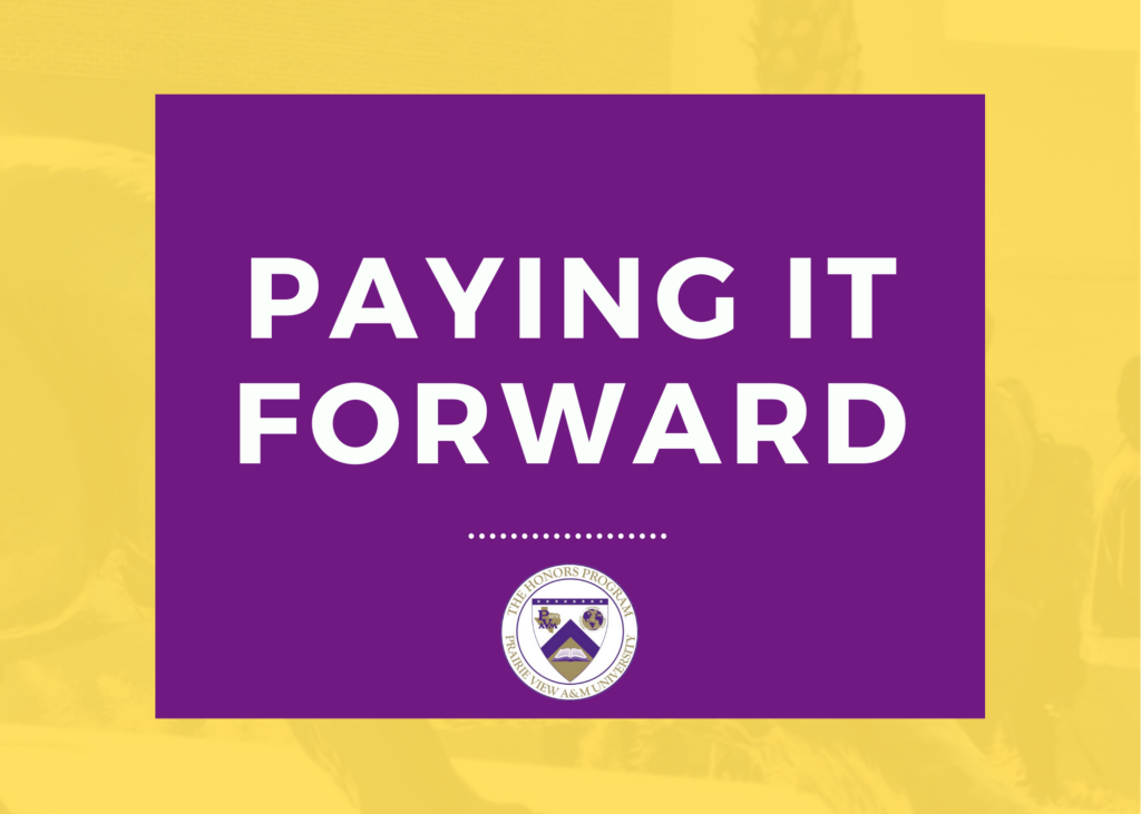Paying It Forward Purple box with a gold trim with the words paying it forward in the purple box area