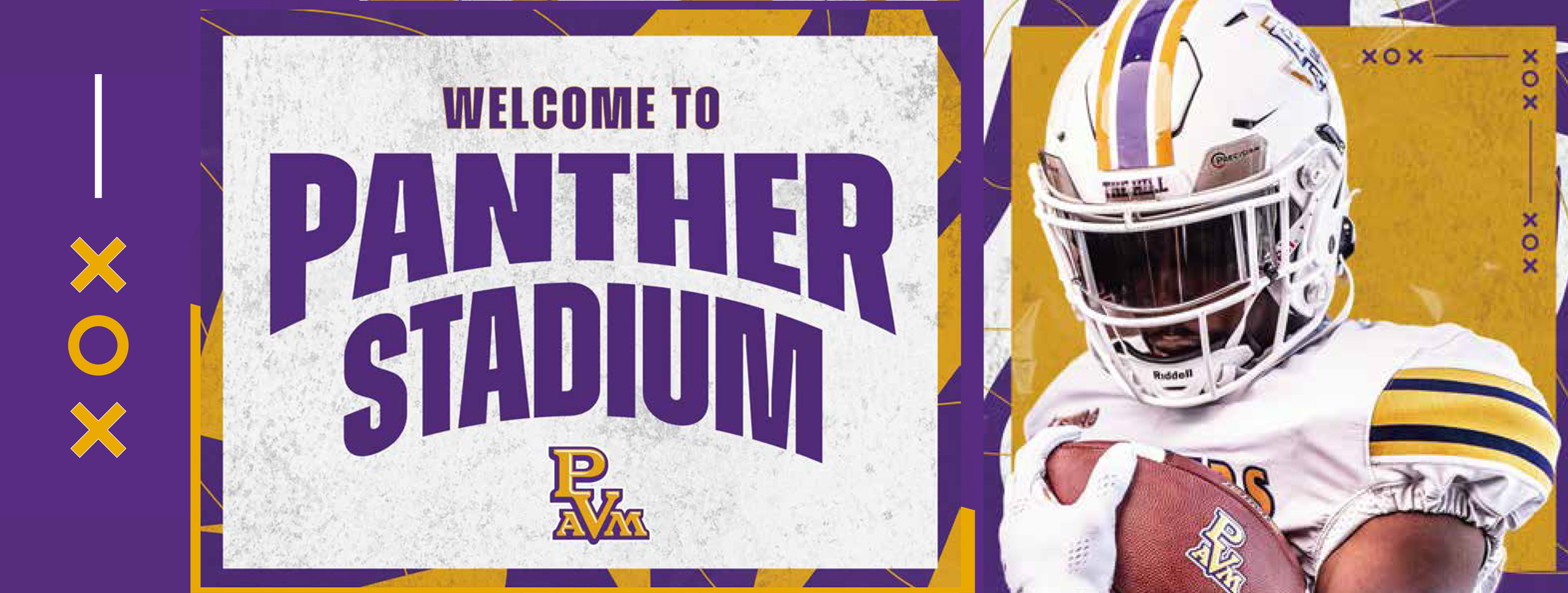 A welcome banner for Panther Stadium featuring bold text and an athlete in uniform holding a football. Purple and gold accents are present.