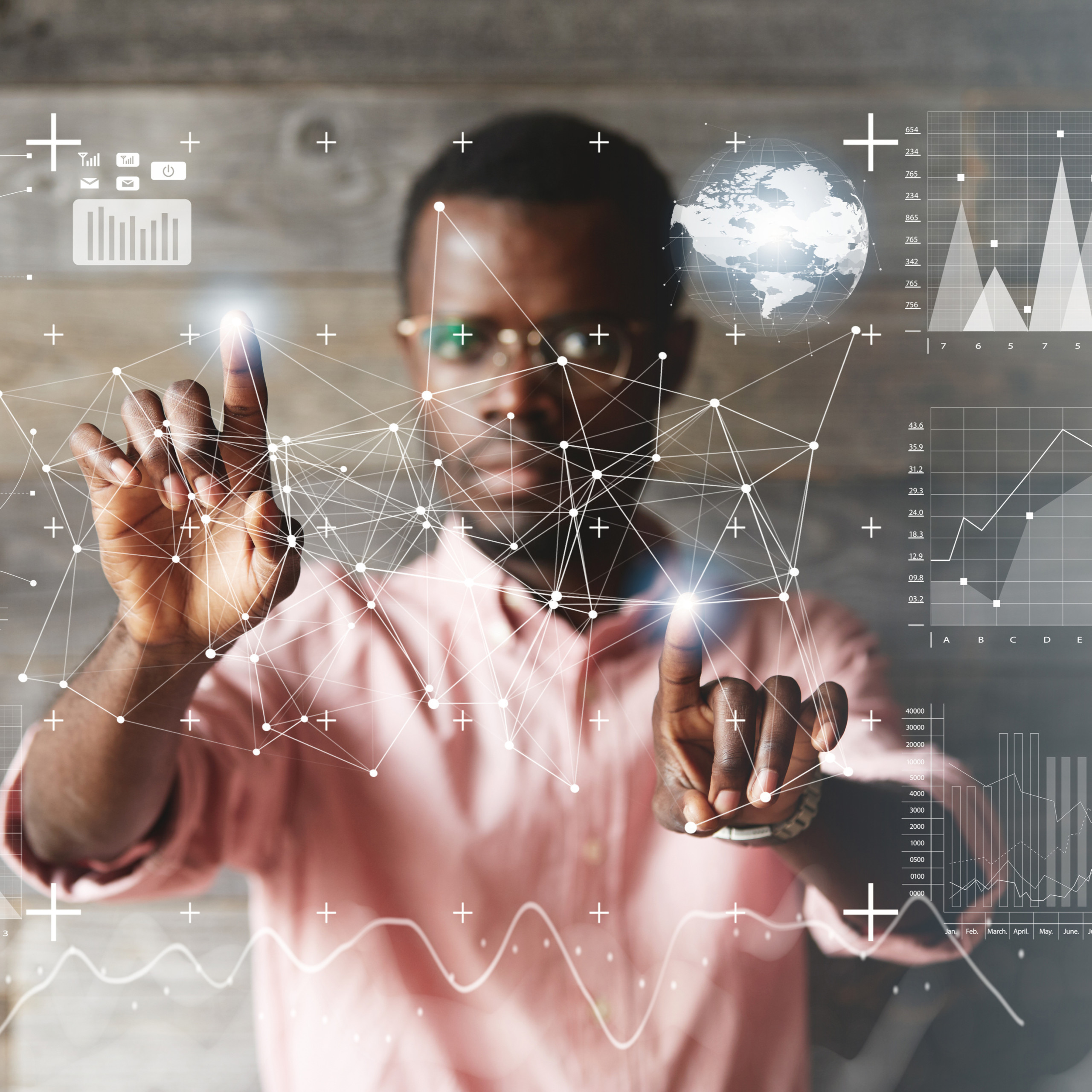 Male Innovation Square Man toching screen with graphics