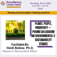 Event flyer for a PVAMU colloquium on environmental and sustainability studies, facilitated by Heidi Ballew, Ph.D., scheduled for October 9, 2025, via Zoom