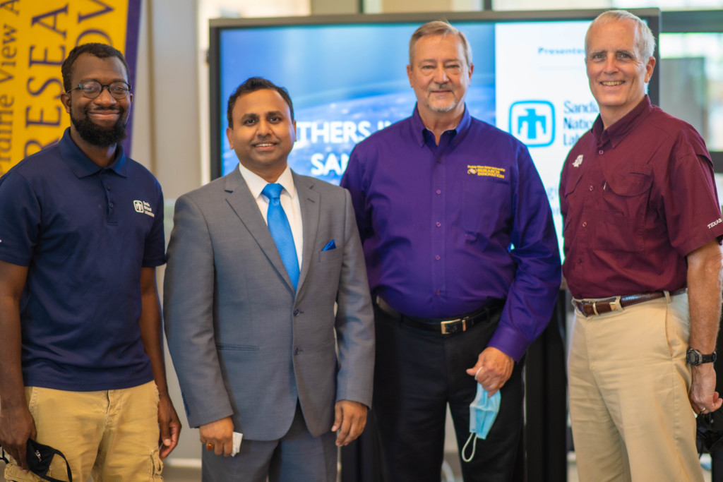 Panthers Invent 2021 sponsored by Sandia National Laboratories. Pictured: Joshua E. James, Sandia; VP Rajan; Bobby Melvin, Executive Director of ICEED, PVAMU; and Rodney Boehm, Director, TAMU Engineering Entrepreneurship