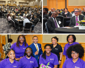 A four-photo collage from the R&I Reflections & Recognition Reception showing attendees seated at round tables, audience members applauding, two guests seated near the front and a group of PVAMU students and staff in purple shirts posing with a university leader.
