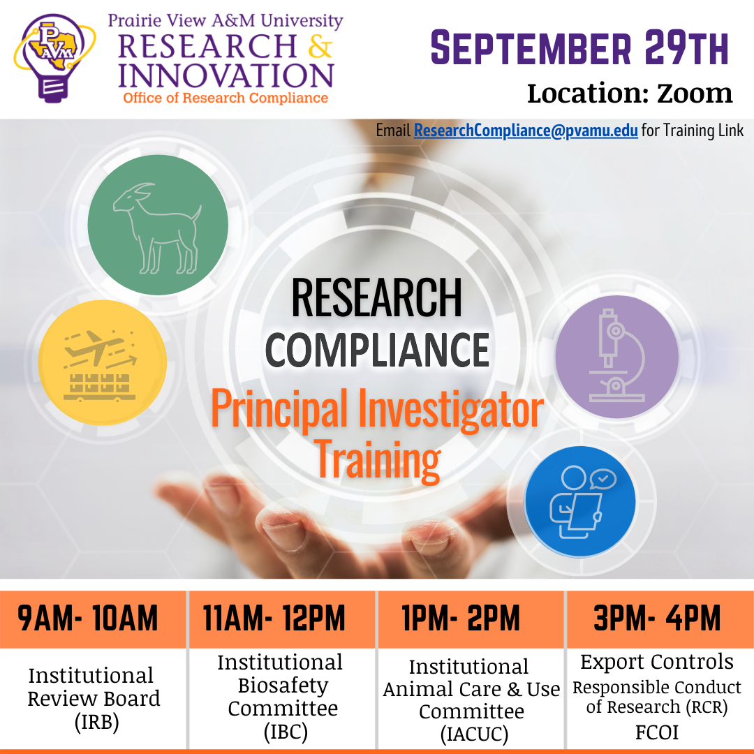 Flyer for the Research Compliance PI Training held on Septemebr 29, 2020
