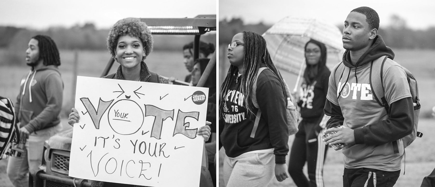 Student Marchers - One with Vote T-shirt and One with Sign - Your Vote It's Your Voice