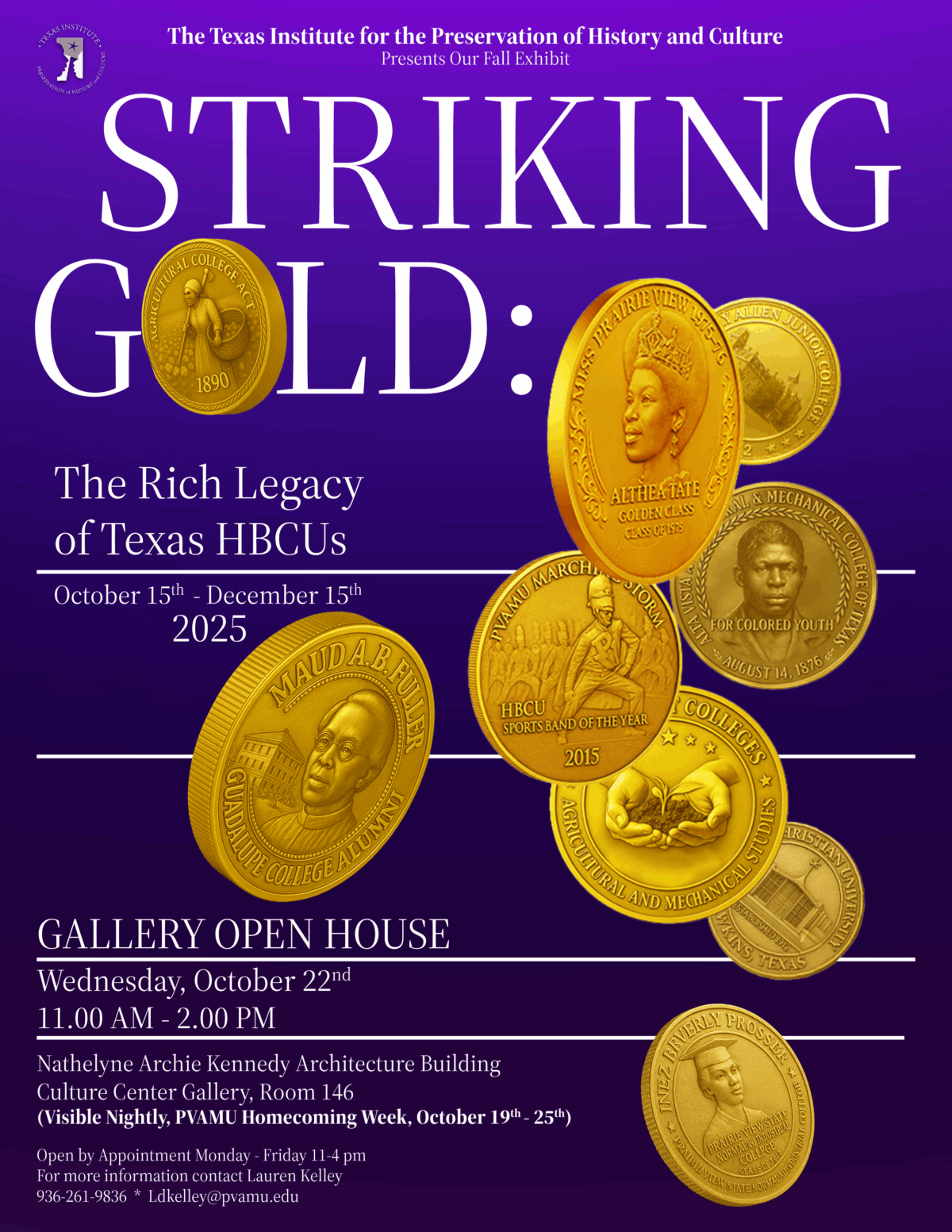 Flyer for Striking Gold: The Legacy of Texas HBCU's. The flyer has coins displayed and is in purple and gold. 