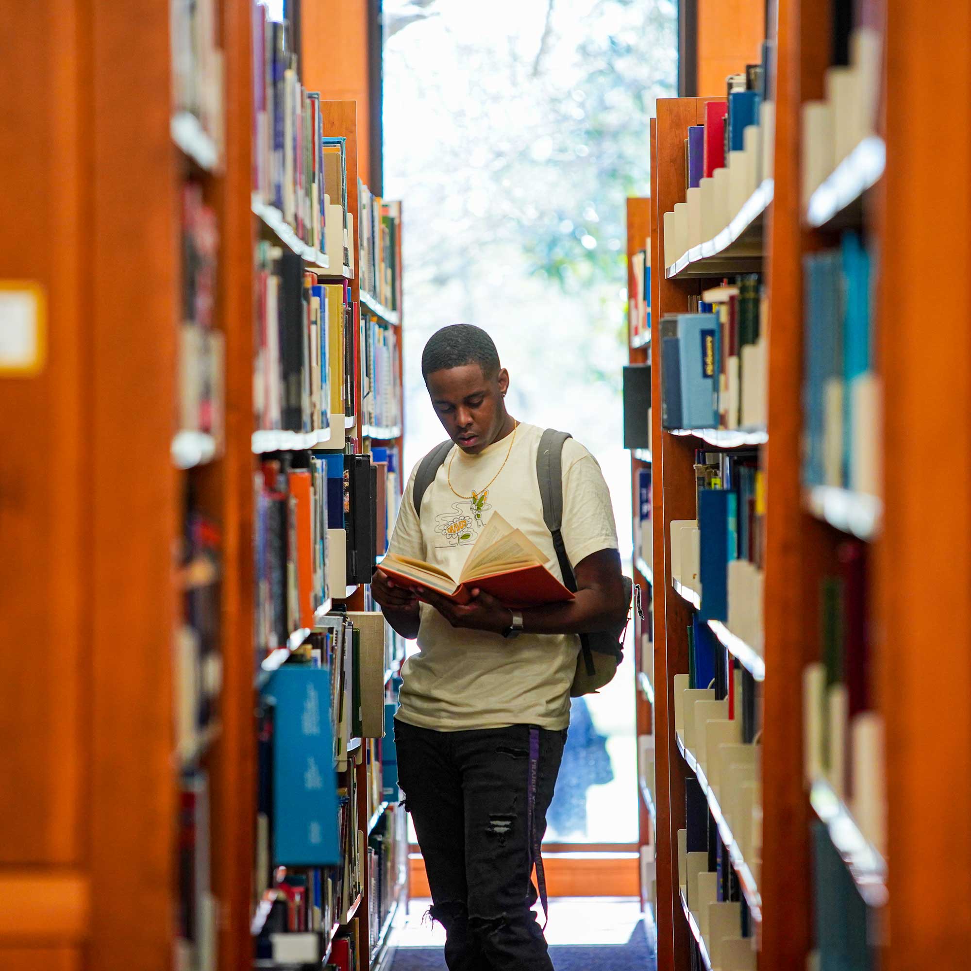 Male student in the library reading a book