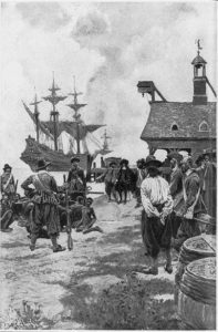 Drawing of Africans arriving in the colonies, 1619.