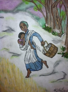 Lucy Higgs with her daughter Mona escaping slavery from Grays Creek, Tennessee to the Union lines, June of 1862. (Credit: Kathy Grant, artist)