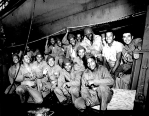 A group of African American Marines on a Coast Guard Transport in the Pacific. (National Archives)
