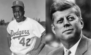 Jackie Robinson, left, in his playing days. He pressured President John F. Kennedy, right, on civil rights. (AP photos)