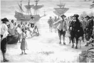 An illustration of the first slaves arriving at Jamestown in 1619. A/P Wide World Photos.