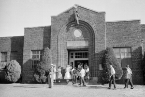 Mansfield High School, 1956, with black effigy hanging above school entrance.