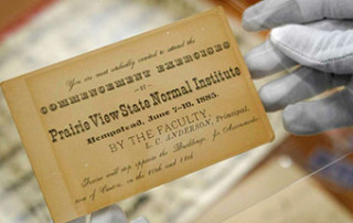 A commencement invitation for June 1885 is shown at Prairie View A&M University