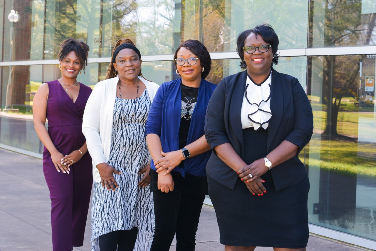 Pictured from left to right: Ph.D. students Natara McNary, Blessing Chinemerem Dike, and Lucy Nwosu and Roy G. Perry College of Engineering Dean Pamela Obiomon, Ph.D.