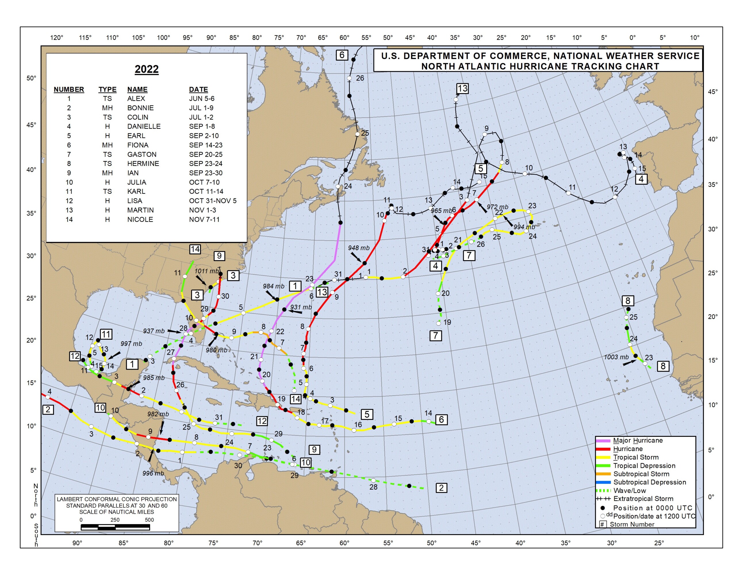 This map shows the tracks, names and start dates of all tropical cyclones in the 2022 Atlantic hurricane season. (Source: NOAA)