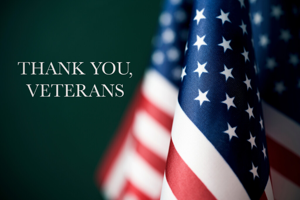  Some American Flags Against a Green Background with Thank You Veterans as the Caption
