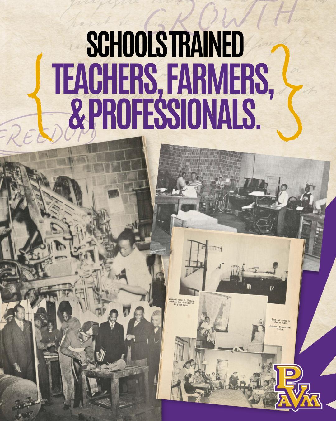 Schools trained teachers, farmers, and professionals.