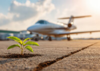 Elegant photo of Small green seedling growing through a crack in an airport runway tarmac with a blurred private jet in the background