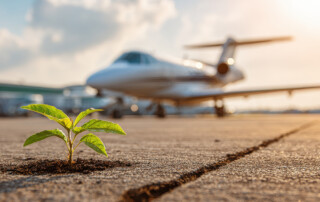 Elegant photo of Small green seedling growing through a crack in an airport runway tarmac with a blurred private jet in the background