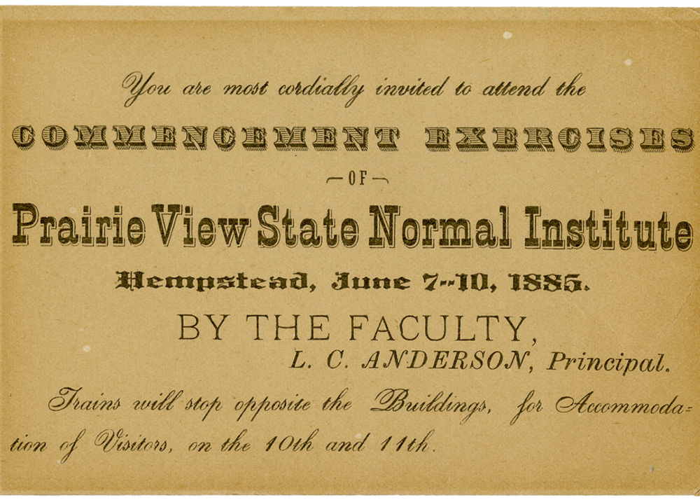 A graduation invitation to attend Prairie View A&M's first commencement ceremony in 1885